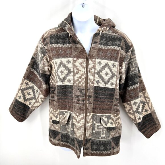 VINTAGE WOOLRICH WESTERN HOODED ZIP WOOL BLND GEOMETRIC SHAPE BROWN BEIGE JACKET - Picture 2 of 6